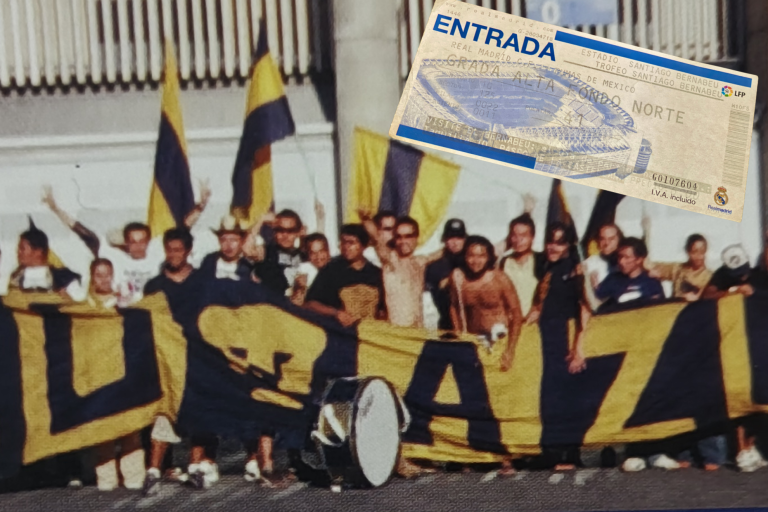 La Rebel presumió el trapo de Orgullo Azul y Oro afuera del Santiago Bernabéu.